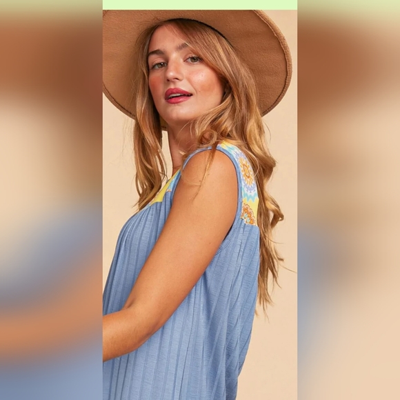 Plus Yellow & Denim Medallion Color Block Wide Rib Tank Top - Picture 8 of 8